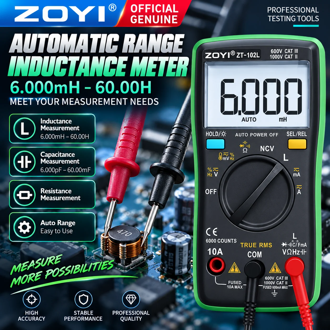 ZOYI ZT-102L Portable Digital Multimeter High Precision Auto Range Inductance Capacitance Resistance Tester