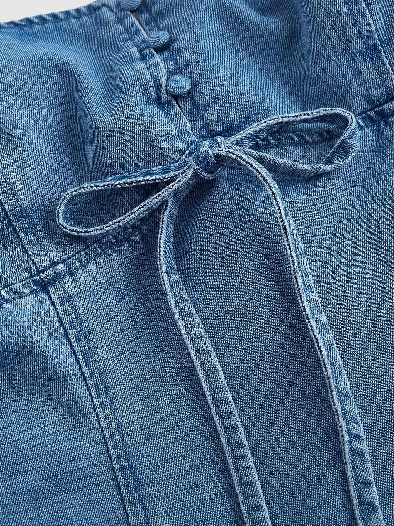 

Denim Mini Dress Sleeveless Fitted A-Line With Bow Tie Front