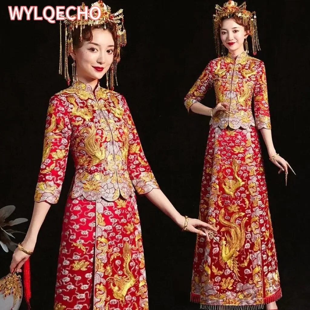 

Red Embroidery Oriental Dragon Phoenix Qipao Women Satin Cheongsam Ancient Traditional Chinese Bride Wedding Dress Long Vestidos