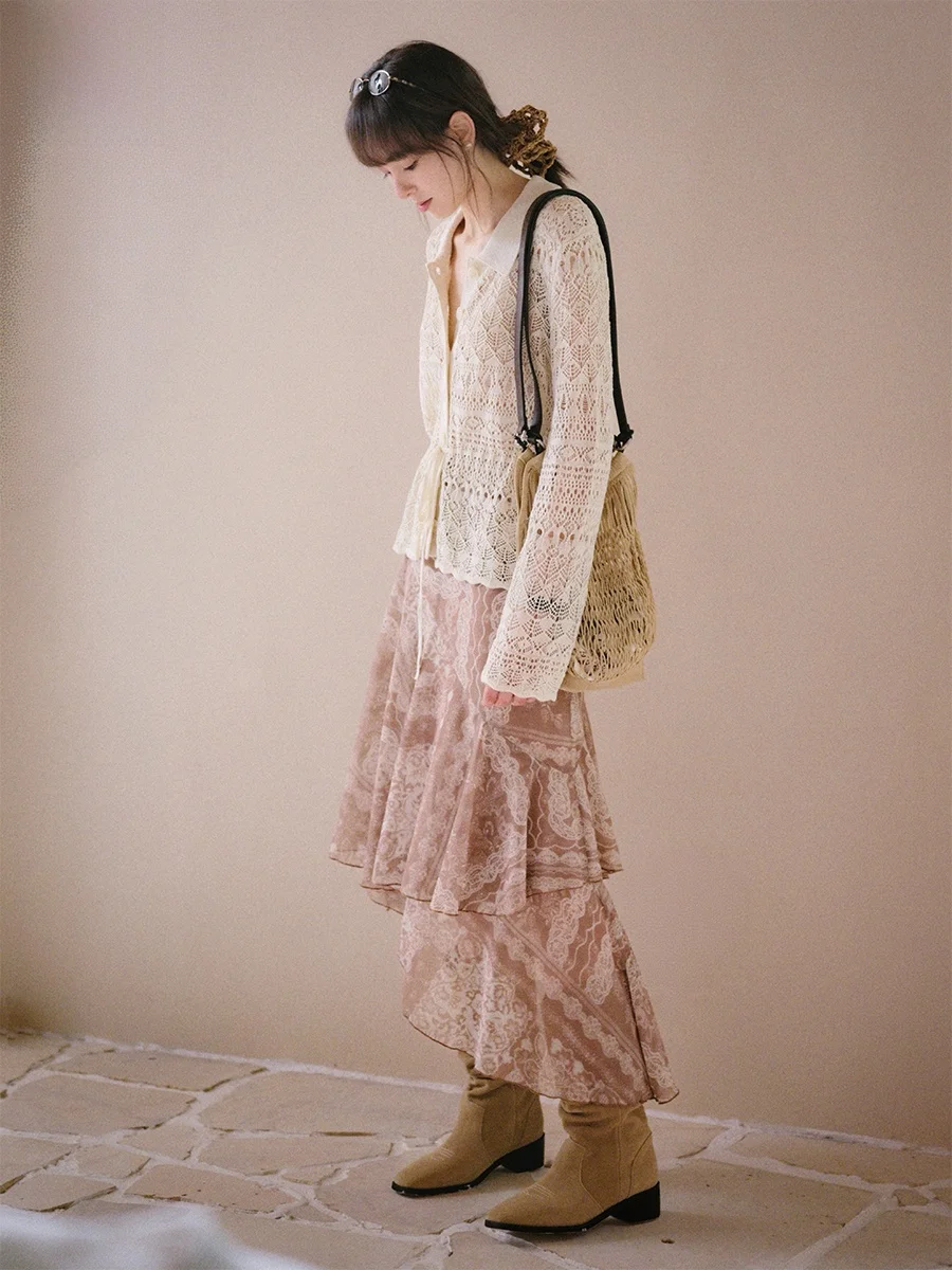 

Элегантная асимметричная юбка с кружевным принтом, высокая талия, полиэстер, женская модная коллекция, весенняя коллекция, китайский дизайн