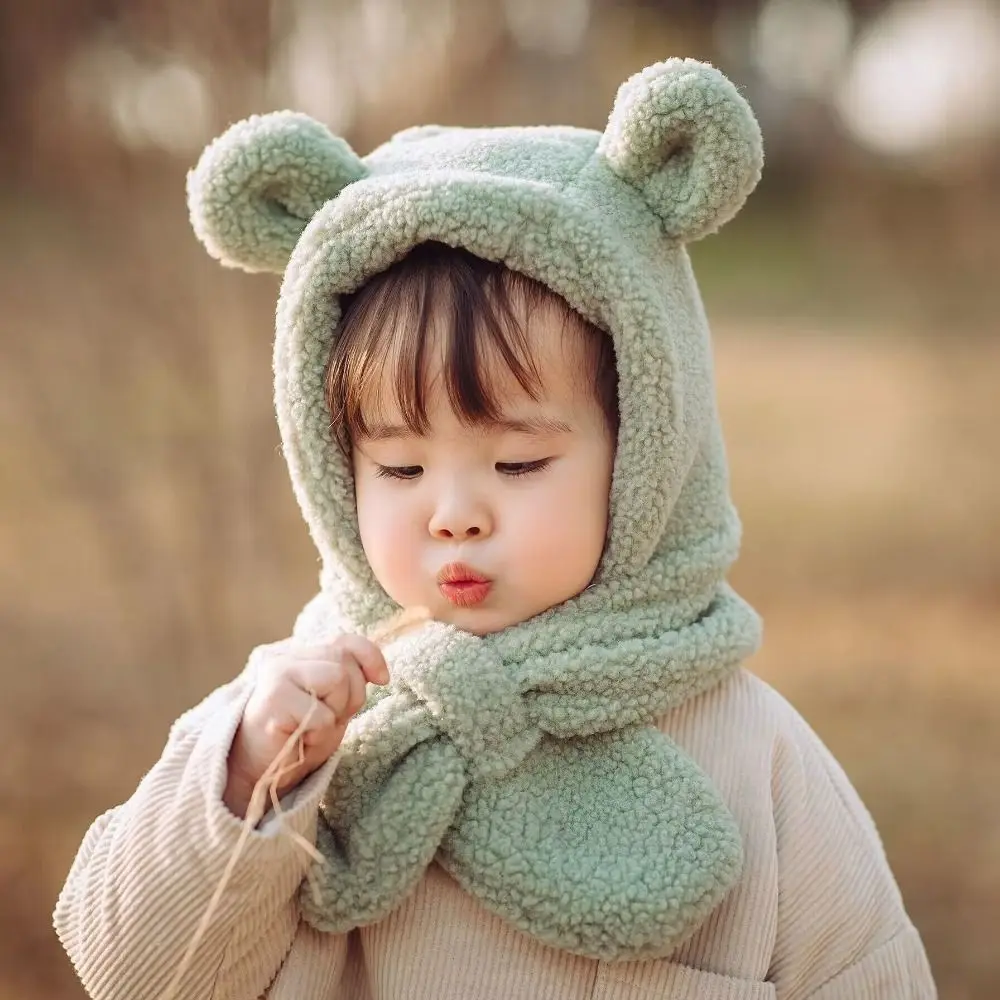 Fashion Cartoon Bear Ears Baby Hat Scarf Warm Neck Windproof Kids Plush Hats Plush Balaclava Scarf Set Hooded Boys Girls