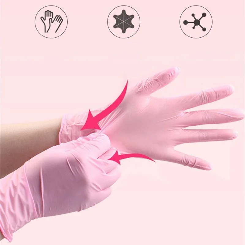 Disposable Nitrile Gloves 100Pcs Pink Latex Free Waterproof Household Dishwashing Glove Non Slip Cooking Salon Tatoo Home Gloves