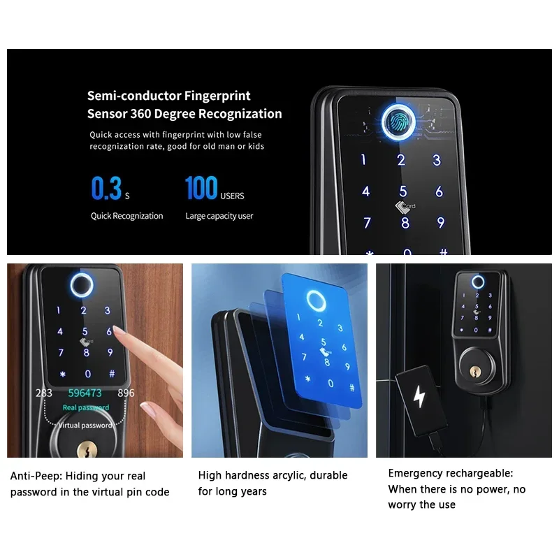 TUYA Wifi Fingerprint Smart Deadbolt Locks Biometric Digital Lock APP Password Card Keyless Entry Electronic Door Lock for Home