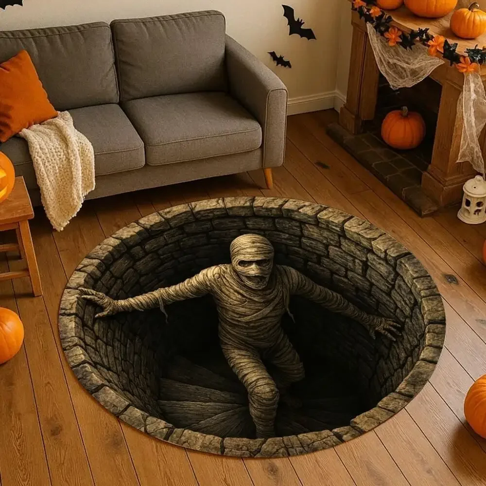 3D Horror Bandaged Man Pattern Round Rug, Non-slip Floor Mat for Living Room, Bedroom, Bathroom, Holiday Home Decoration