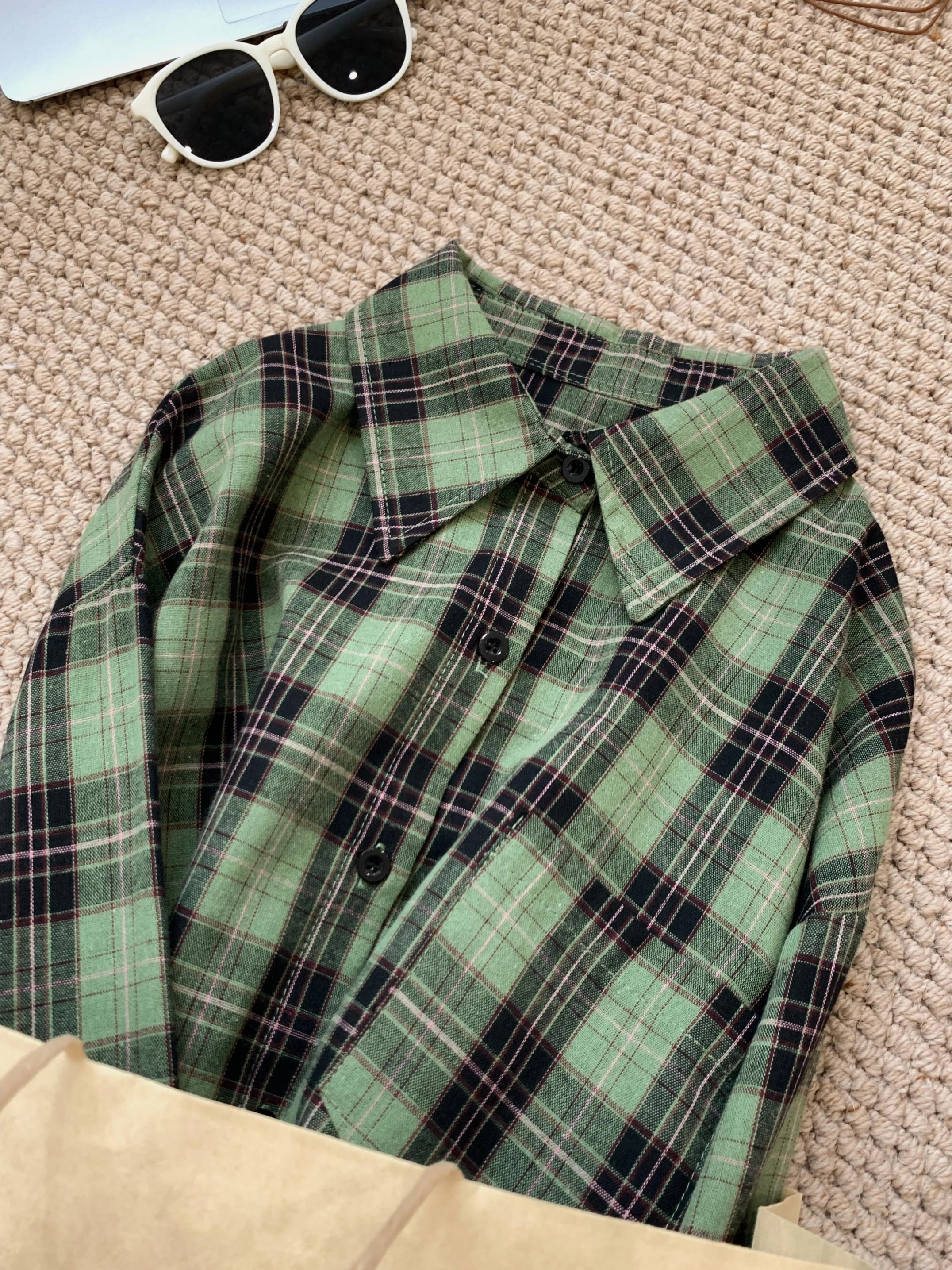 

Spring 2026 Women's Loose Long Sleeve Plaid Shirt Korean Style Casual Fashion Outerwear Cardigan Top Green Checkered Loose Fit