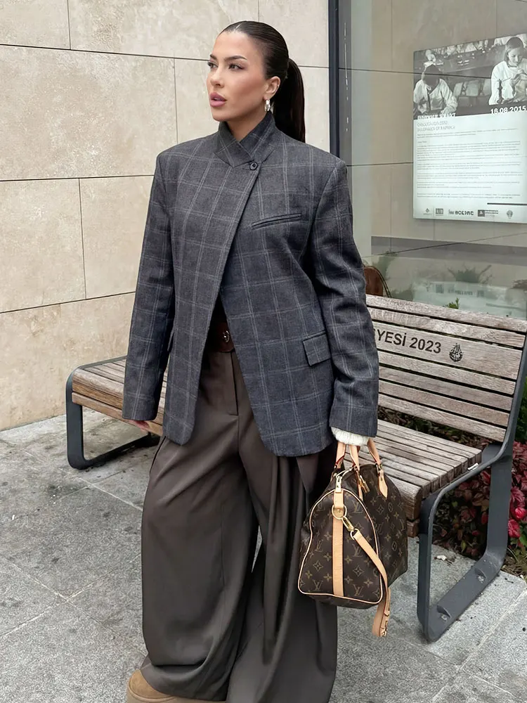 HH 2026 Spring Plaid Blazer Jacket For Women Elegant Fashion Stand Collar Single Button Suit Coat High Street Lady Daily Outwear