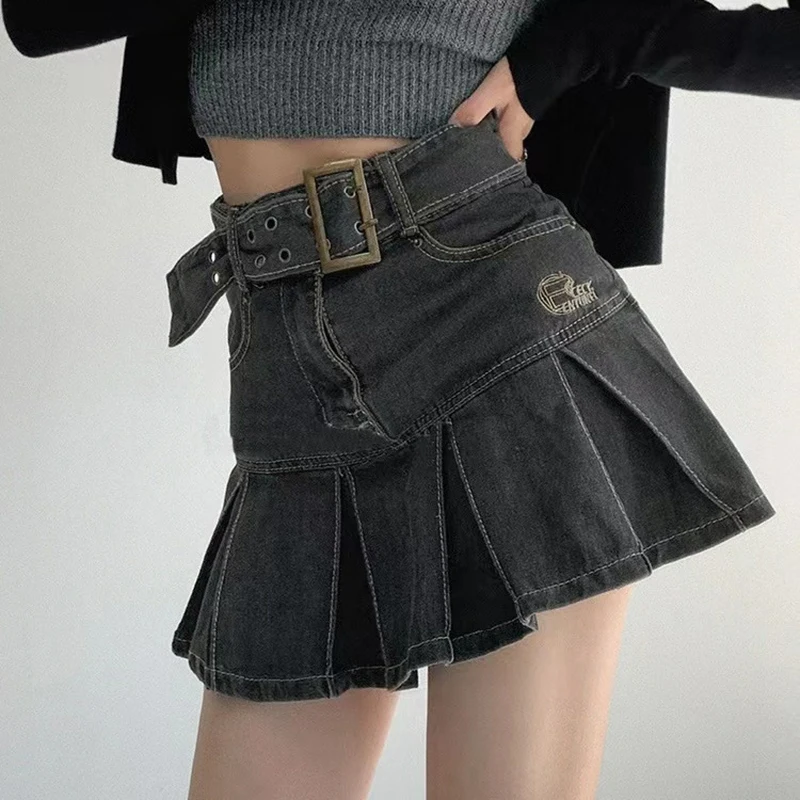 Embroider denim skirt women\'s clothing spring and summer retro pleated skirt empire look slimmer mini skirt