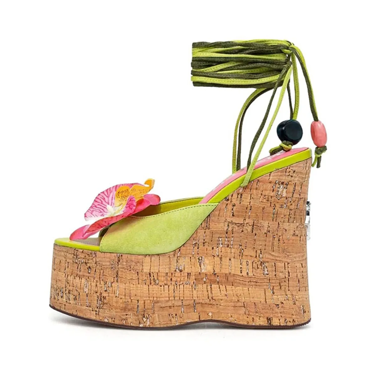

Arden Furtado 2025 Summer Ankle strap Suede wedge Sandals Round toe flower platform Super high heel Mixed Colors beach sandals