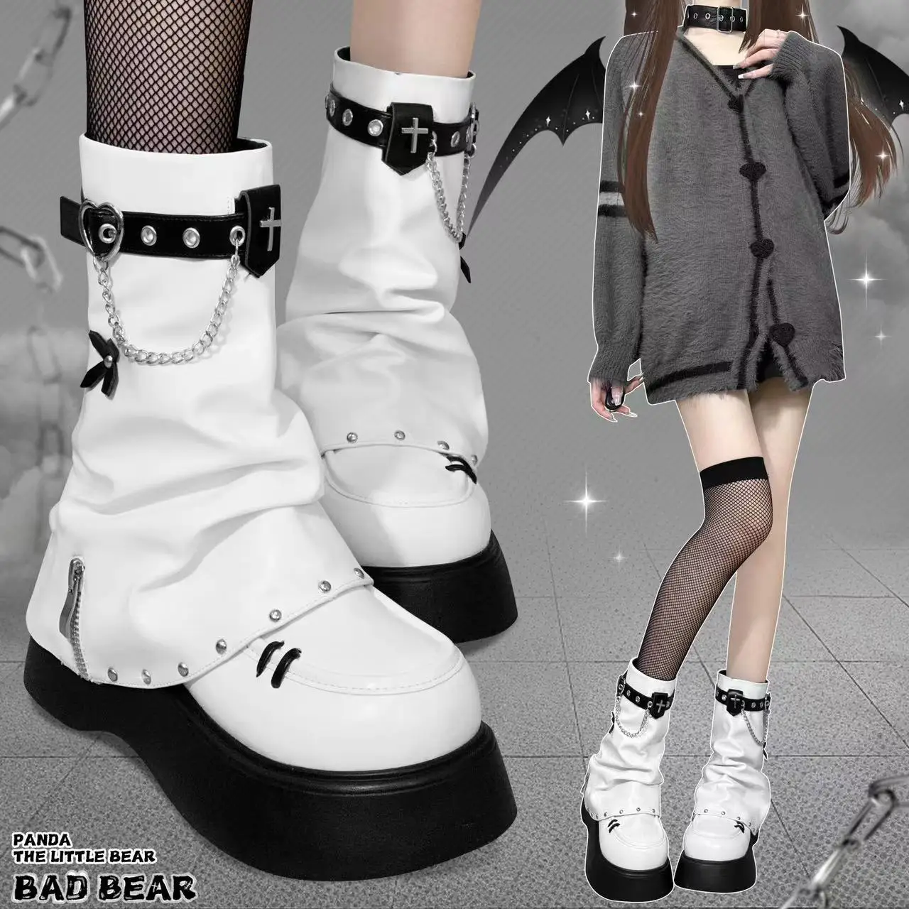 

Original Pile Up Boots Thick Soled Short Boots Subculture Punk Leg Hoops Women's Sweet Lolita Fashion Boots Girls