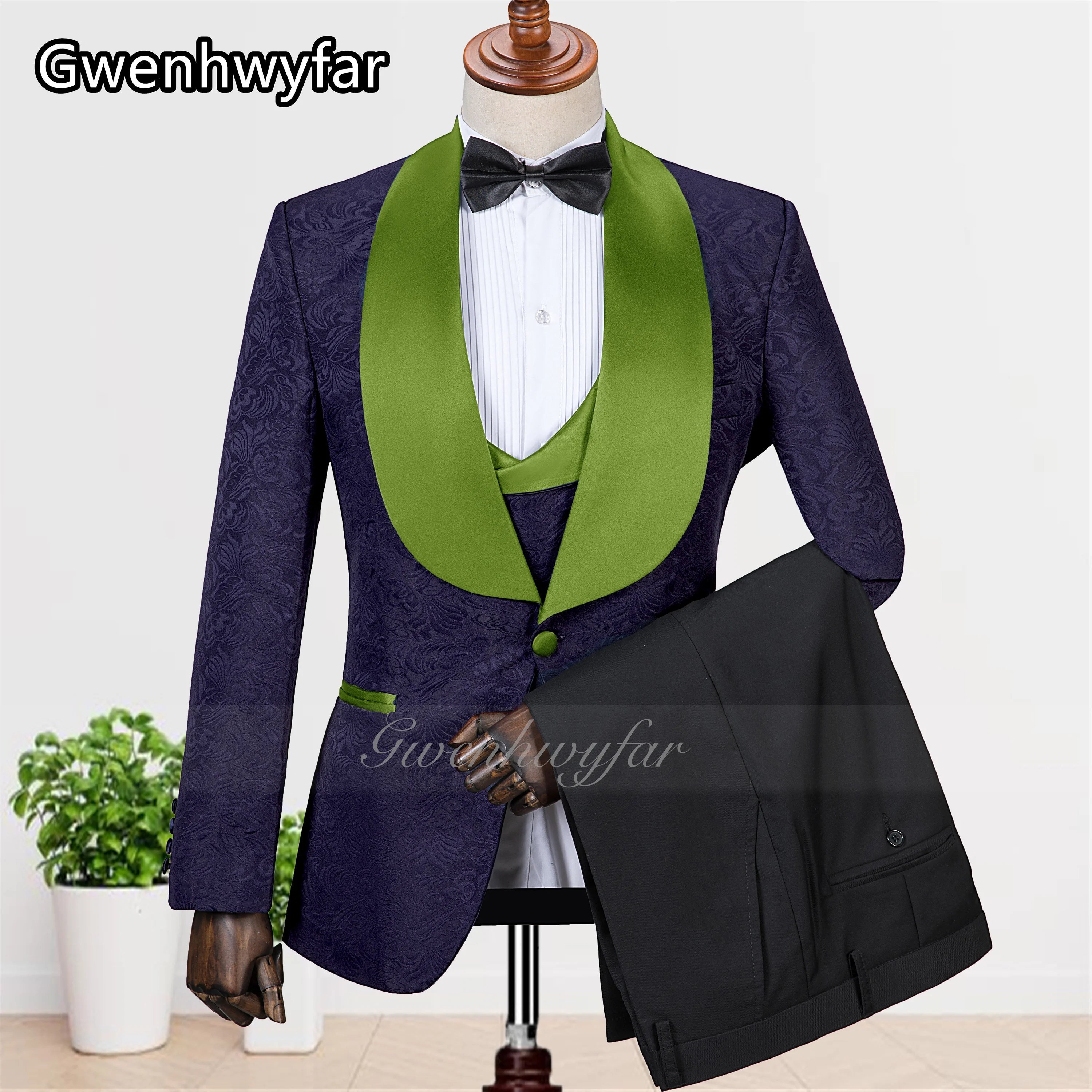 

Gwenhwyfar 2025 Fashionable New Jacquard Suit Two-Pieces Set Shiny Grass Green Satin Shawl Lapel Single-Breasted Slim Tuxedo