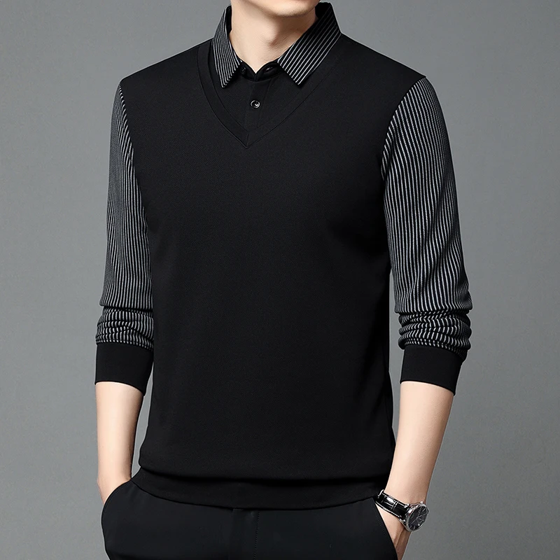 

Autumn and Winter Men's Fleece Sweater New Men's Shirt Collar Fake Two-piece Warm Knit Base Sweater