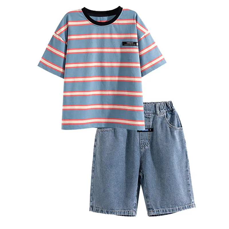 Tween Boy Summer Clothing Set Child Casual Cotton Stripe T-shirt & Denim Shorts 2 Piece Suit Teenage Kids Luxury Clothes Costume - Image 7