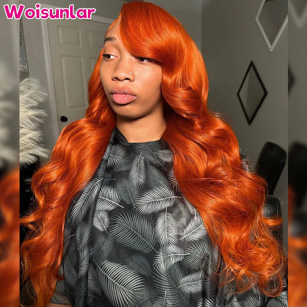 

36 inches 200% Dark Orange lace Front Human Hair Wigs body wave Black women13x4 Transparent Lace Natural 100% Human hair wigs