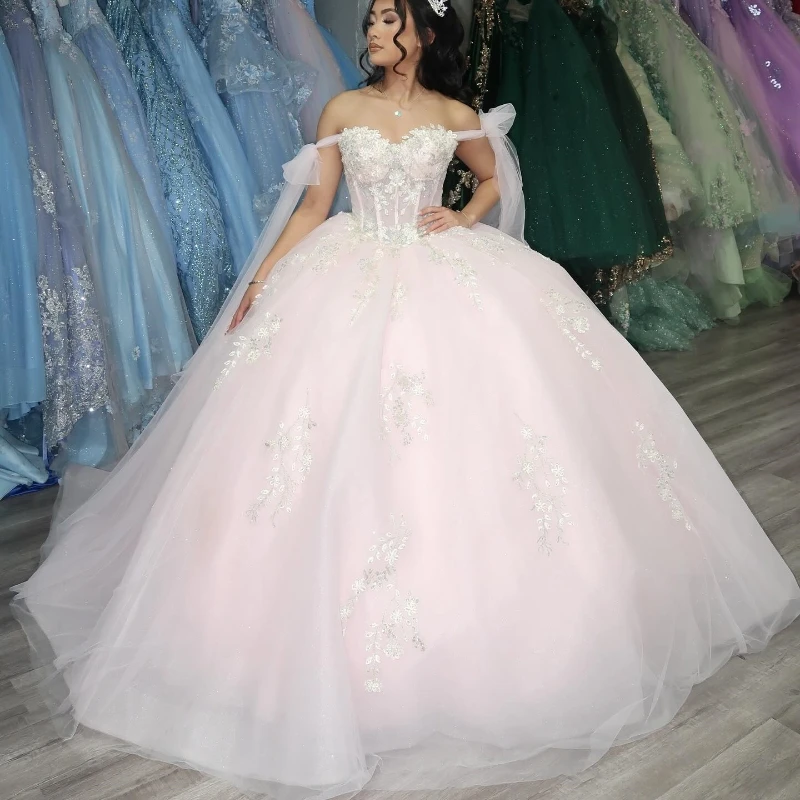 

Light Pink Quinceanera Dresses Off The Shoulder Sweet 15 Gowns Applique Lace Bead Tull Vestidos De 15 Quinceañera