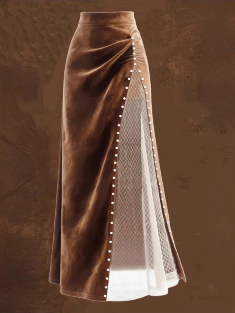 Vintage Western Solid Suede Splicing Mesh Skirt Woman Sexy Edge Bead Split Long Skirt 2026 Spring Autumn High Waist Hollow Skirt