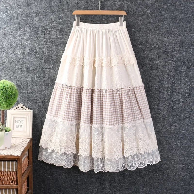 

Summer New Sweet Lace Spliced Embroidered Skirt Women Elastic Waist Casual Plaid Skirt 823-311