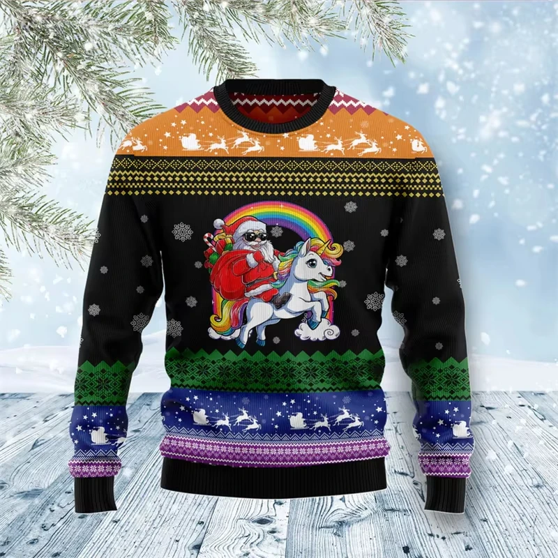 Funny Unicorn Graphic Sweatshirt For Men Fashion Trend Holiday Xmas Crew Neck Ugly Christmas Sweater Loose Streetwear