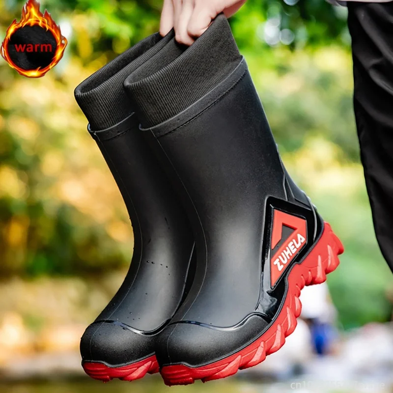 Men'sThickened Fleece Lined Mid-Calf Rain Boots Anti-Slip Waterproof Work Rubber Boots Car Wash Fishing Outdoor Work Boots