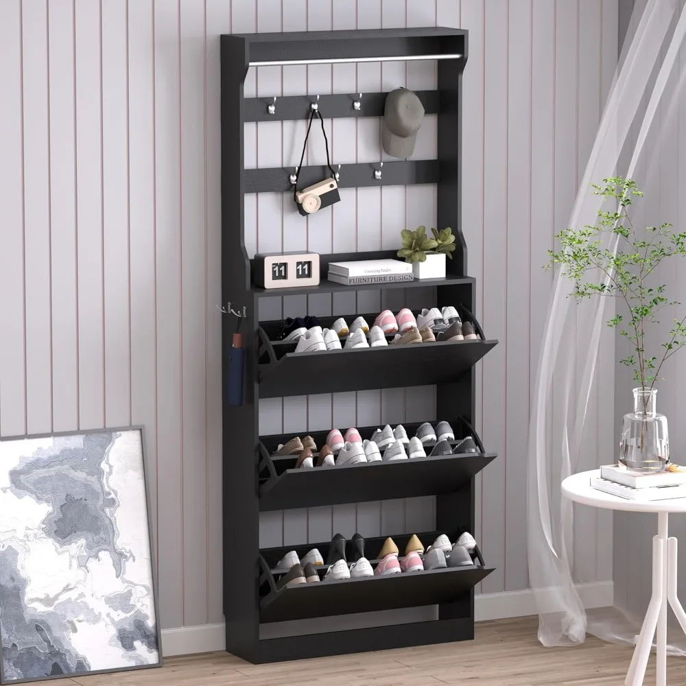 

Shoe Cabinet with 3 Flip Drawers & Coat Rack, Narrow Hidden Shoe Storage Cabinet, 2-in-1 Hall Tree Slim Freestanding Shoe Rack