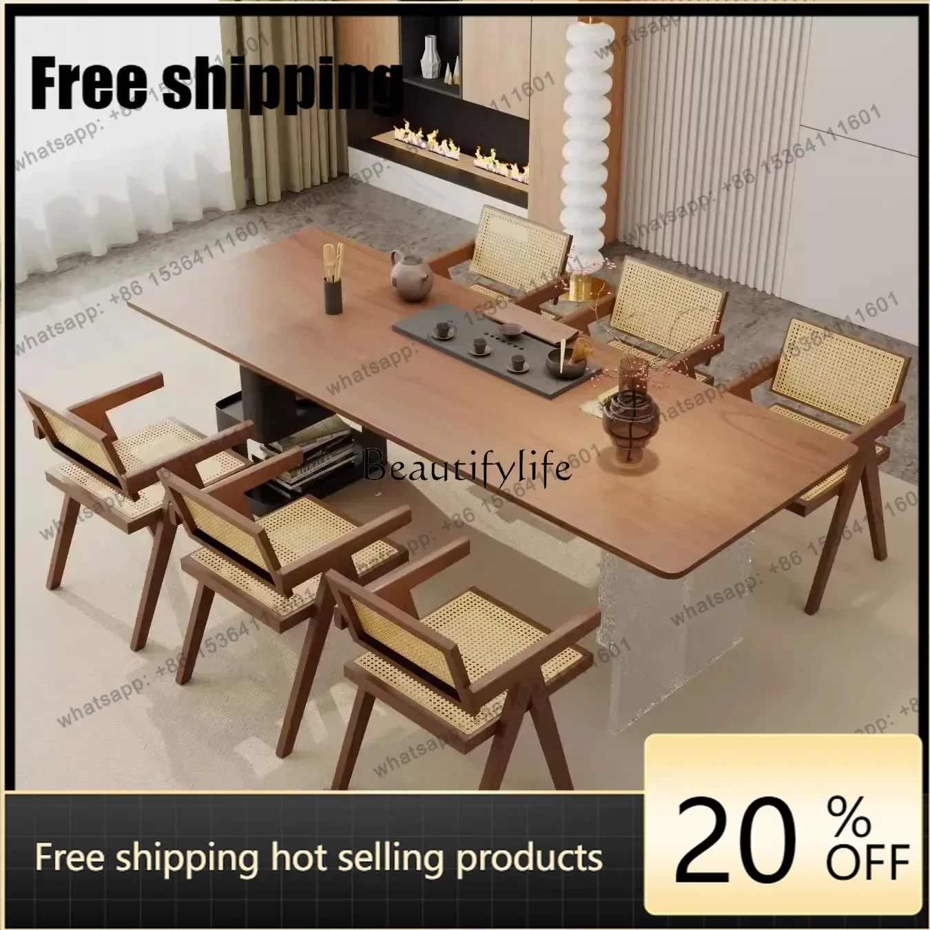 HJ Acrylic suspended solid wood tea table and chair combination large board tea table modern and simple