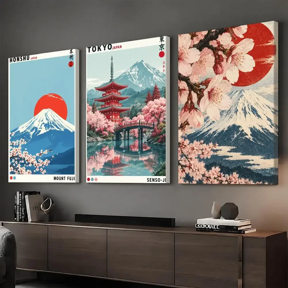 Fuji and Tokyo Japanese Vintage Framed Wall Painting HD Canvas Print Poster Wall Art | Optional Frame | Modern Hallway Decor