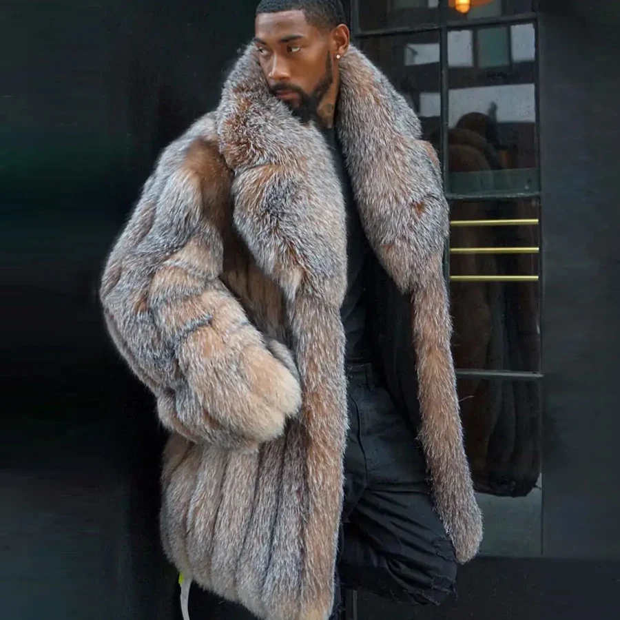 Real Fox Fur Coat Mens Natural Fur Coat Long Winter Warm Jackets Suit Collar Crystal Fox High Quality