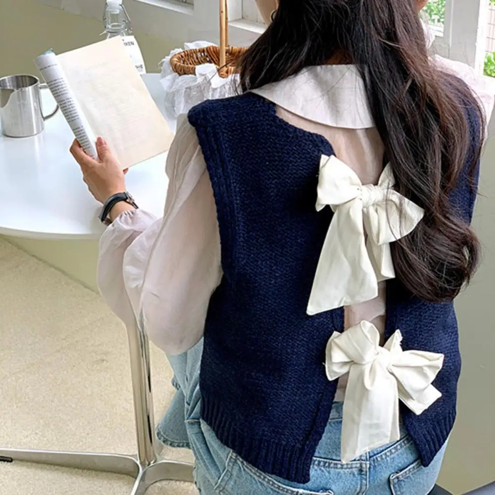 Women Knitted Vest Round Neck Sleeveless Crop Tank Back Bow Tie Decor Hollow Back Solid Color Sweater Vest Women's Clothing