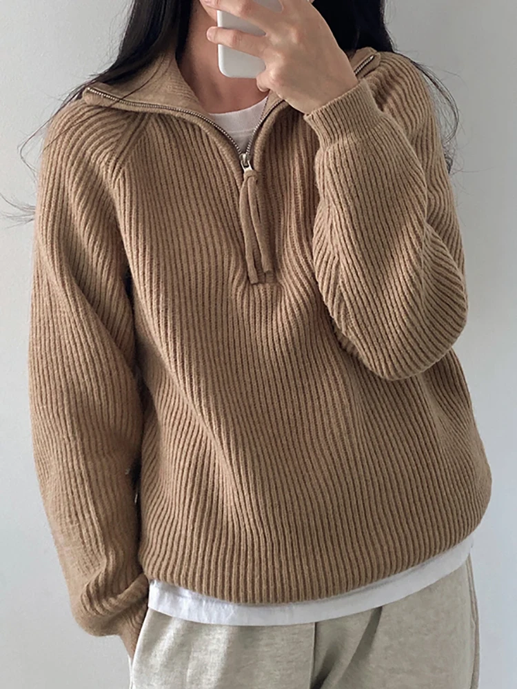 20256 Koreanischer Damen-Pullover Locker Geschnitten mit Reißverschlüssen Rollkragen Warm Einfarbig Strickpullover Basic Damen-Oberteil Herbst Winter Sweater