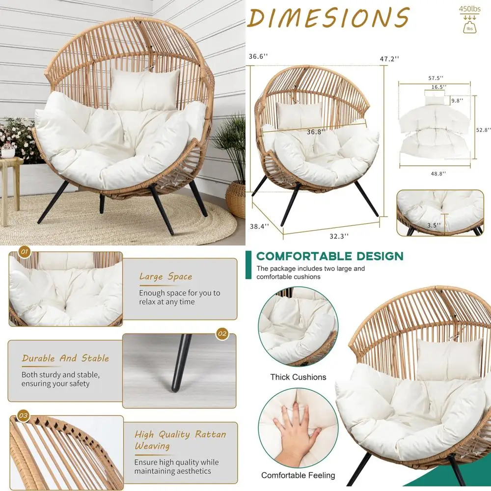

Oversized Outdoor Wicker Egg Chair with Cushion, Patio Lounge Chair, Rattan Basket Style