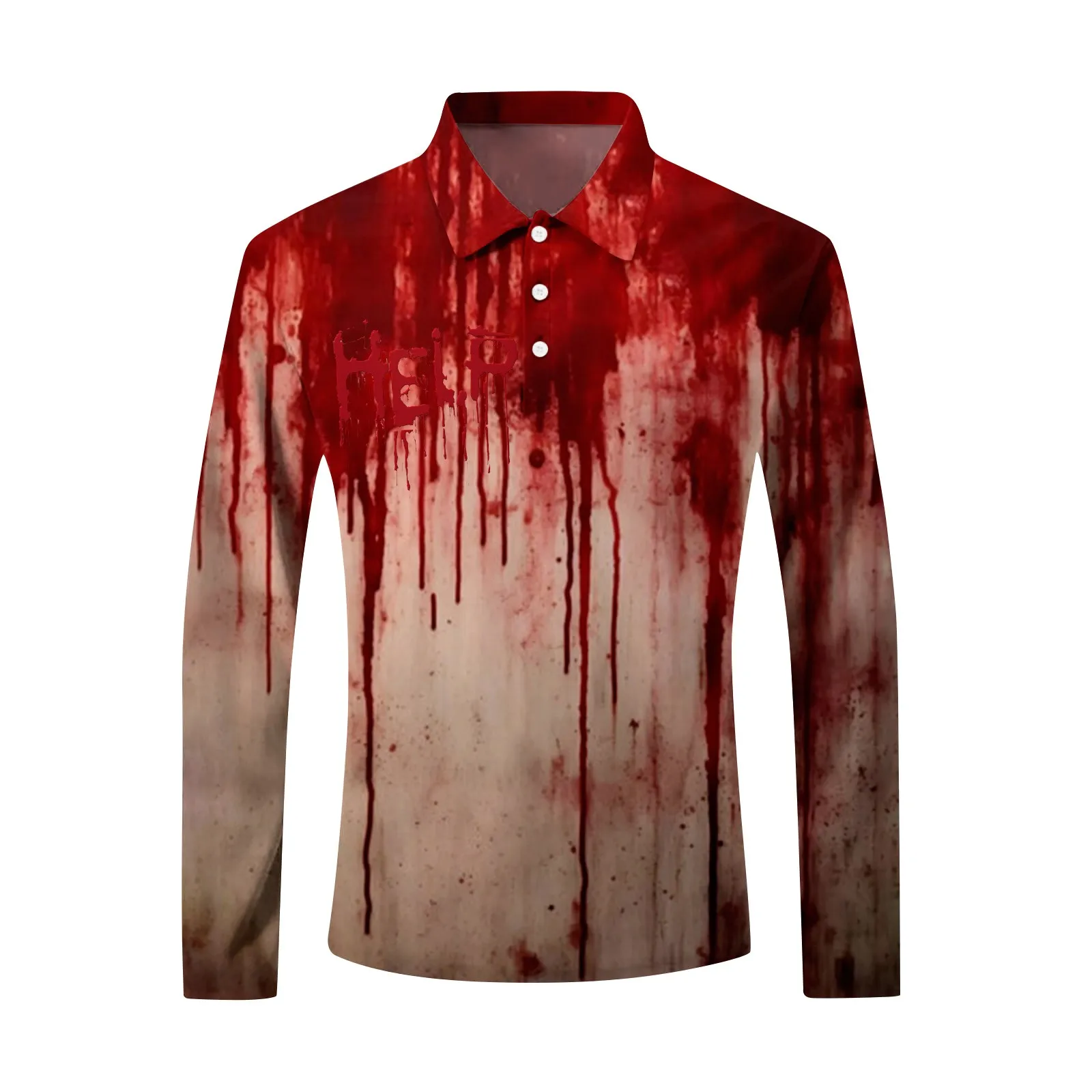 Men'S Shirt Button Decoration Top Loose Casual Halloween Letter Print Blood Horror Atmosphere Scary Lapel Long Sleeve Top