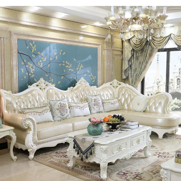 غرفة معيشة زاوية، أريكة فنية جلدية جديدة فاخرة مكونة من 7 أحرف على شكل حرف L من الخشب الصلب المنحوت على شكل زهرة 2024