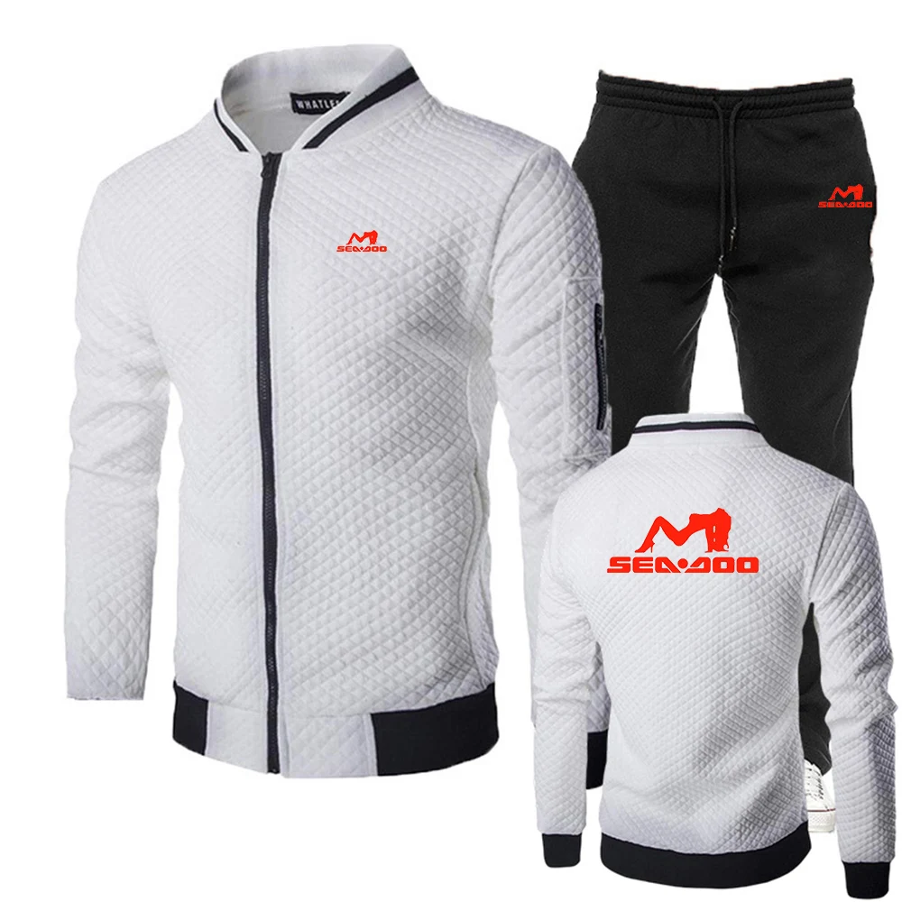 Men's Sea Doo Seadoo Moto Logo Print Fleece Long Sleeve Sweatshirts Zipper Fashion Solid Color Slim Fit Hoodies Pants Suits