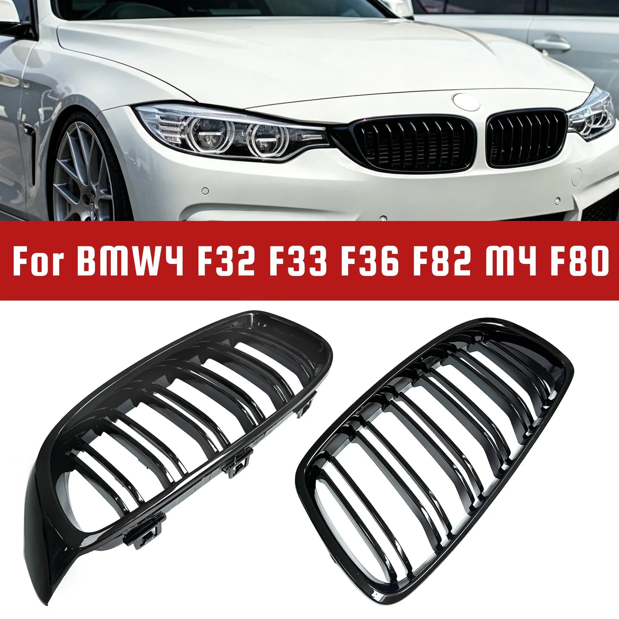 Front Bumper Kidney Grill For BMW 4 Series F32 F33 F36 M3 F80 M4 F82 2014 2015 2016 2017 2018 2019 Dual Slats Upper Inlet Grille