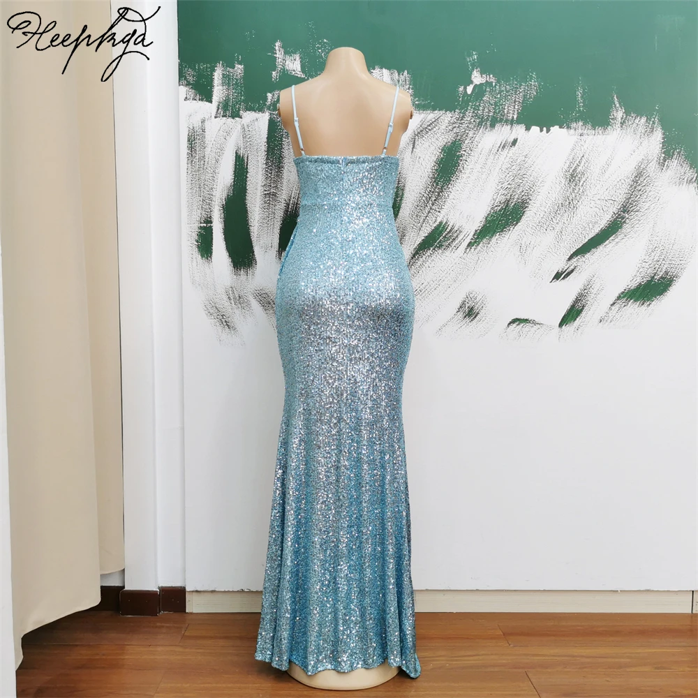 New Design 2024 Long Baby Blue Evening Dress Stunning Sequin Spaghetti Straps Mermaid Sexy Prom Party Gowns In Stock