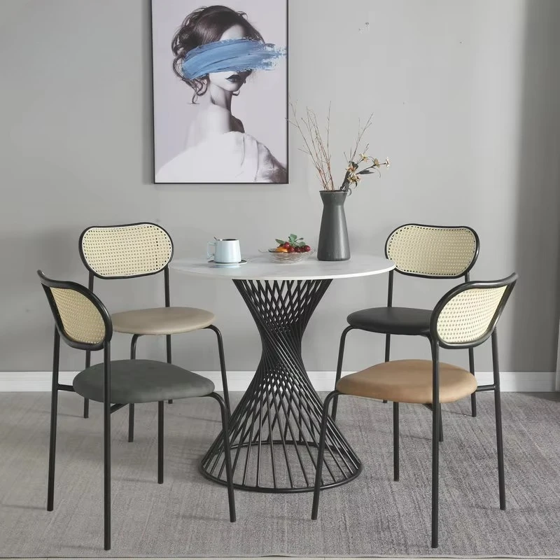 

Modern style stackable space-saving dining chair rattan back leather seat restaurant chair