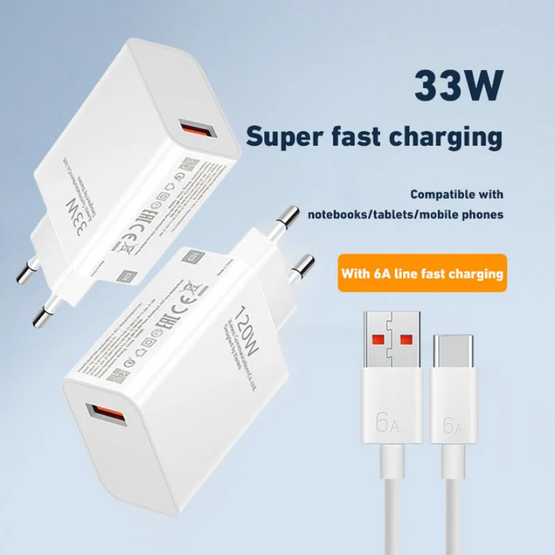 Xiaomi 120W Charger Charging Head Mobile Phone Charger Adapter 3.0 Quick Charging 6a Usb Type C Cable For Xiaomi Huawei Samsung