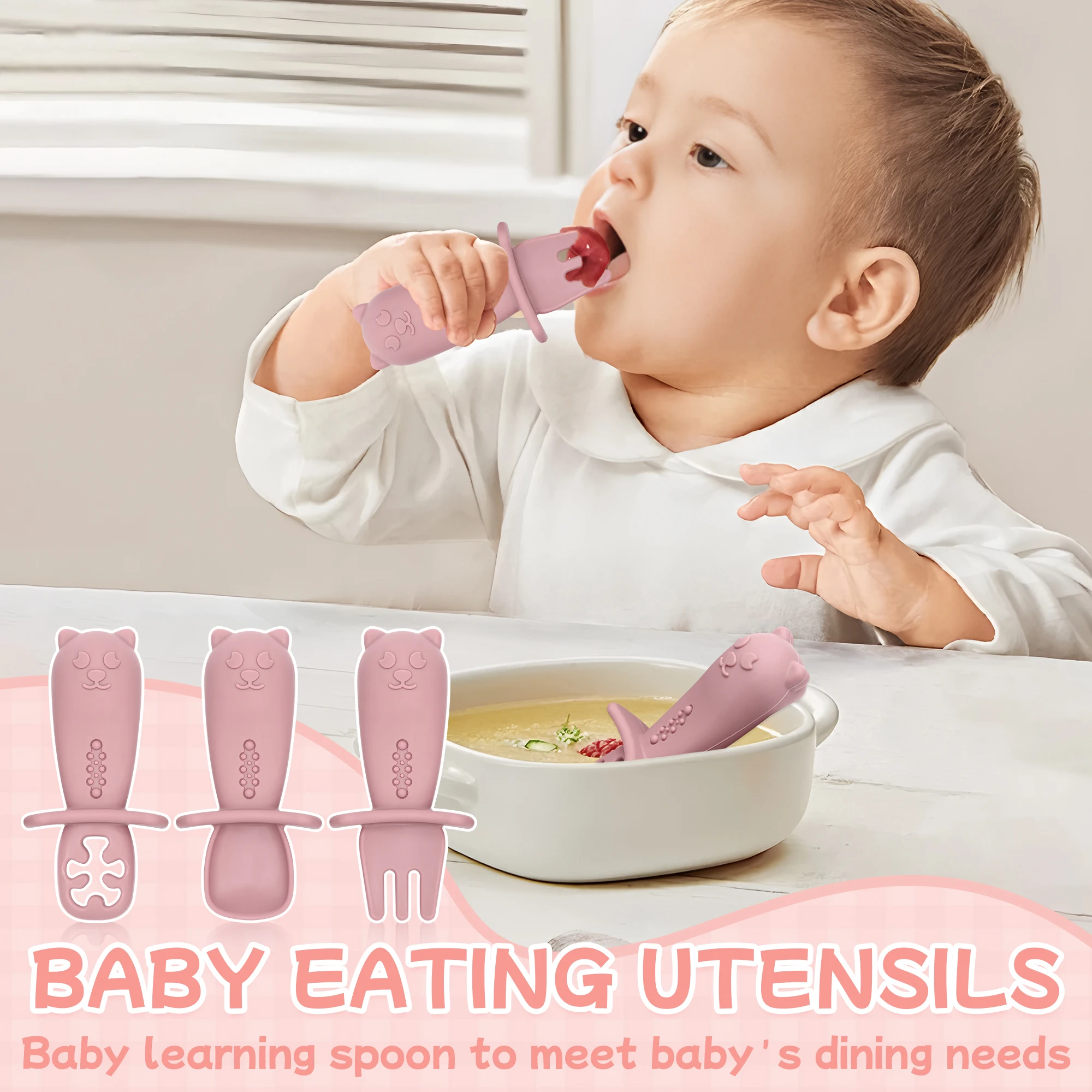 3-piece silicone baby spoon set, feeding supplies for babies in the first stage of self-feeding, with anti-choking design.