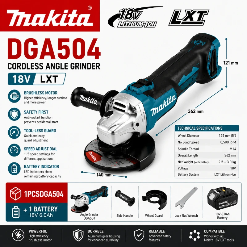 Original Makita DGA504 18V LXT Bürstenloser Akku-Winkelschleifer 125mm Elektrowerkzeug (ohne Akku) EU-Lokallager Schnelle Lieferung Kompatibel mit BL1830 BL1840 BL1850 BL1860B 6,0Ah Akkus