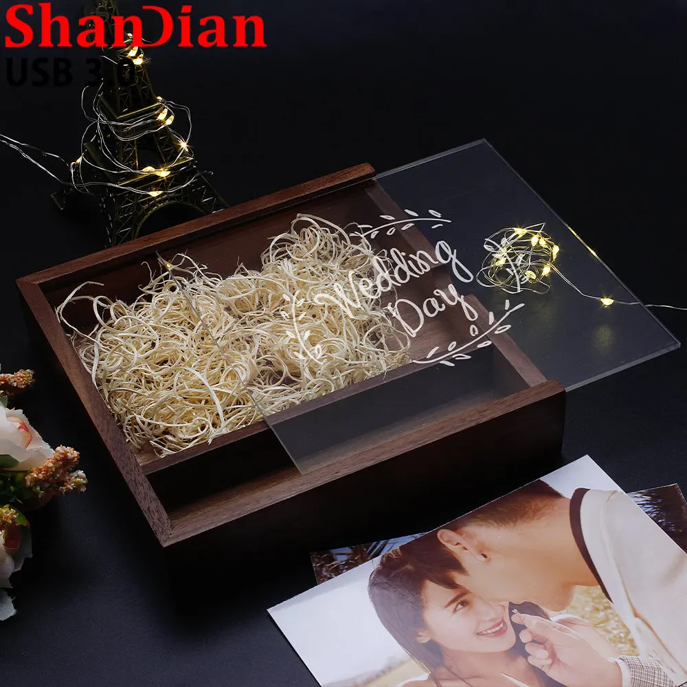 กล่องของขวัญรูปอะคริลิคใส USB 3.0 USB แฟลชไดรฟ์ฟรีโลโก้ปากกาไดรฟ์ไม้ความจุจริงหน่วยความจำดิสก์ U 64GB