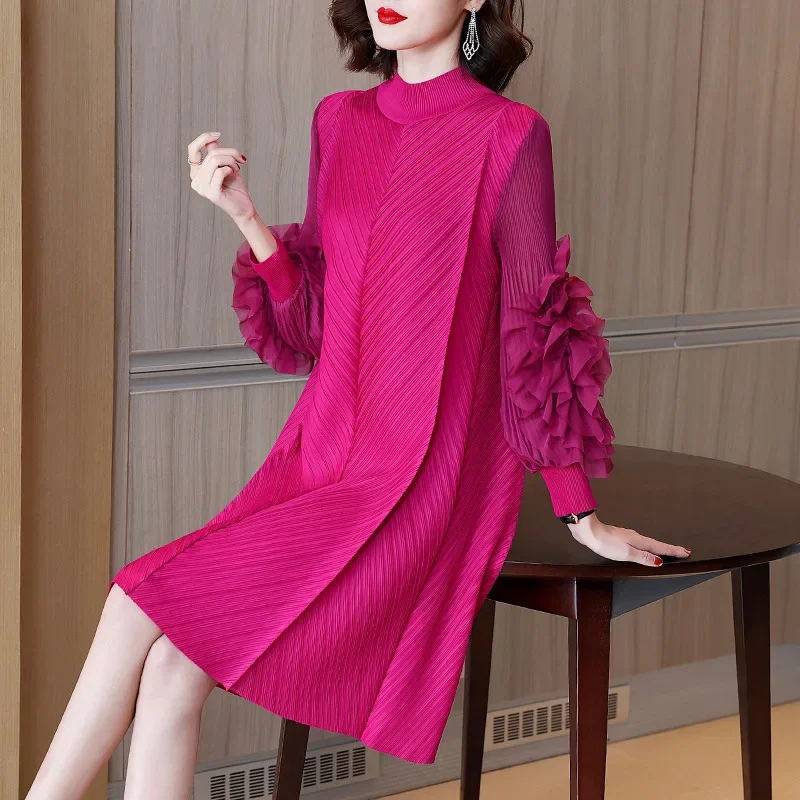 

Miyake Style Pleated Midi Dress Women Ruffles Mesh Long Sleeve Half Turtleneck Vintage Style Elegant 2024 Early Autumn Fashion