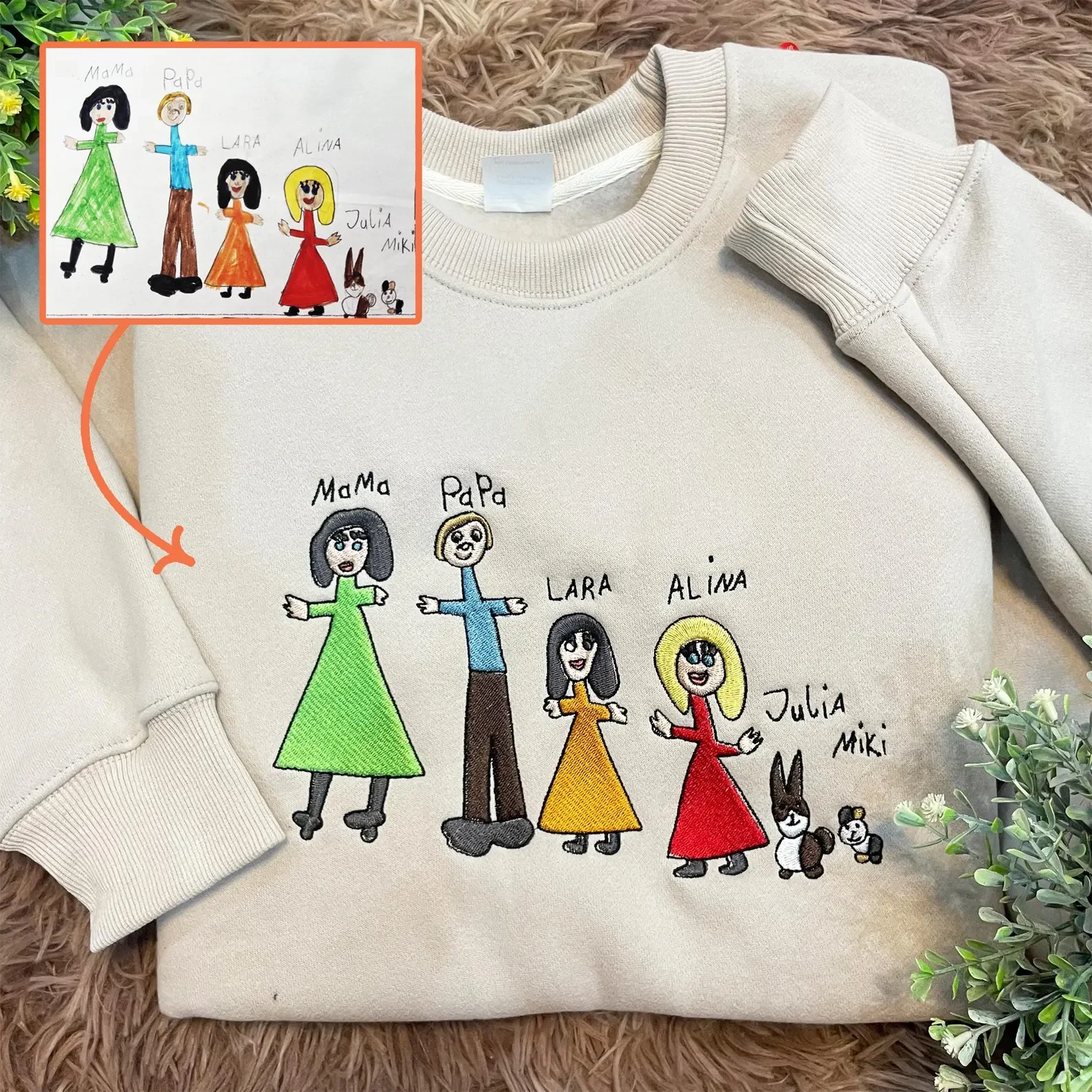 Custom Embroidered Kids Drawing Sweatshirt Personalized Portrait Gift Custom Photo Portrait Embroidered Shirt Mother Dad Gift
