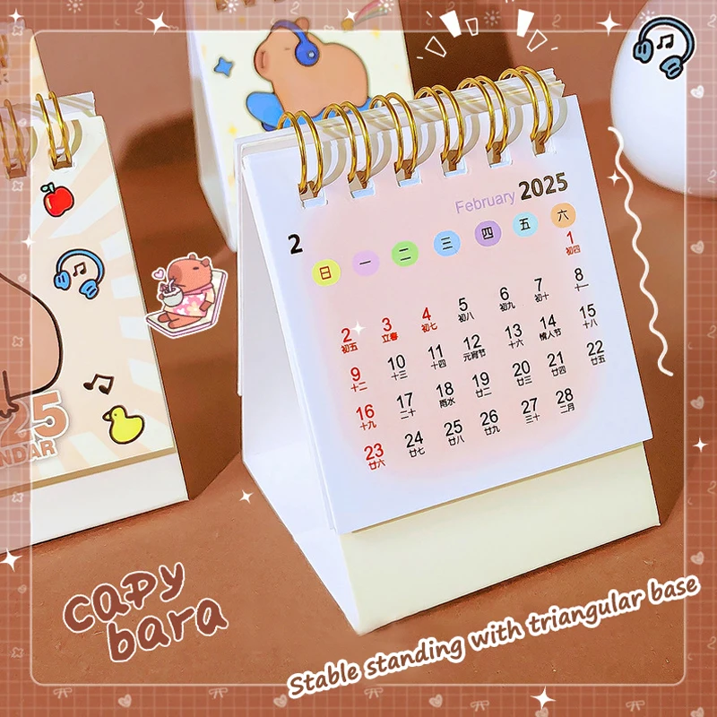 Random One 2025 Cute Capybara Mini Compact Calendar Creative Home Desktop Ornament Coil Monthly Calendar Portable Plan Book Gift