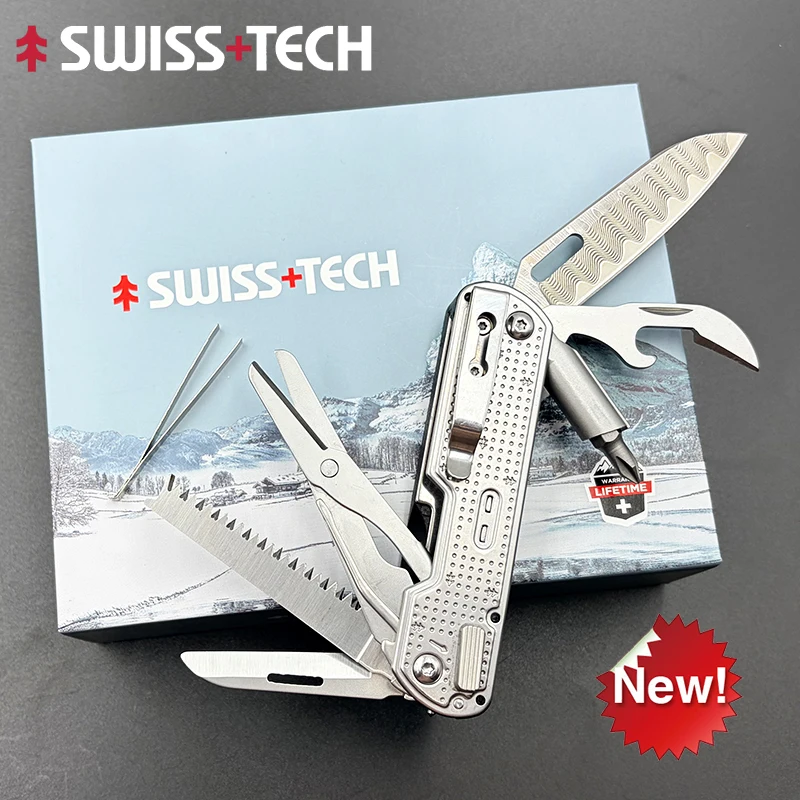 2026 New SWISS TECH Mini Multitool Knife with Damascus Blade EDC Multi-tool Portable Outdoor Camping Emergency Tool