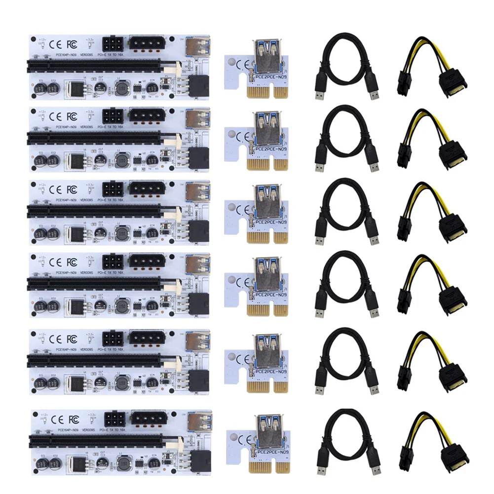 6PCS Molex PCIE Riser Card VER009S PCI-E 1X to 16X Extender PCI Express X16 Card USB Riser 009S for Bitcoin Miner Mining