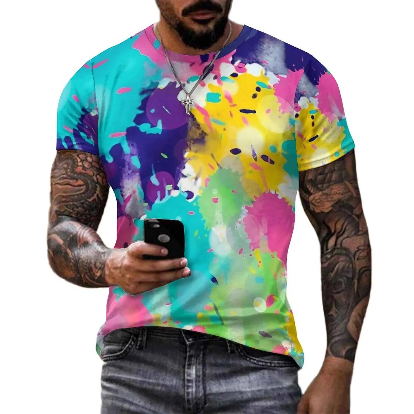 Colourful Contrast Color T-Shirt  Retro T-Shirts Couple Casual Tshirt Summer Short Sleeves Custom Clothes Big Size