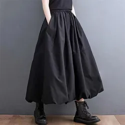 2025 Spring Autumn New Elegant Half-length Skirt Women's 4XL Fashion Casual Elastic Waist Solid Lady Puffy Skirts With Pockets
