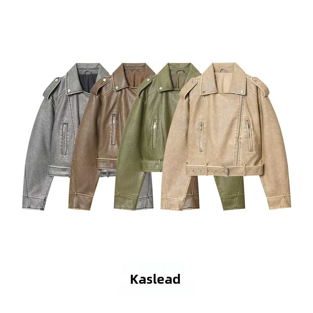 KASLEAD nouveau Faionable Waed cuir Jaet femmes basique Sle ceinturé ort vêtements d'extérieur fibre de Polyester longue fermeture éclair Sve