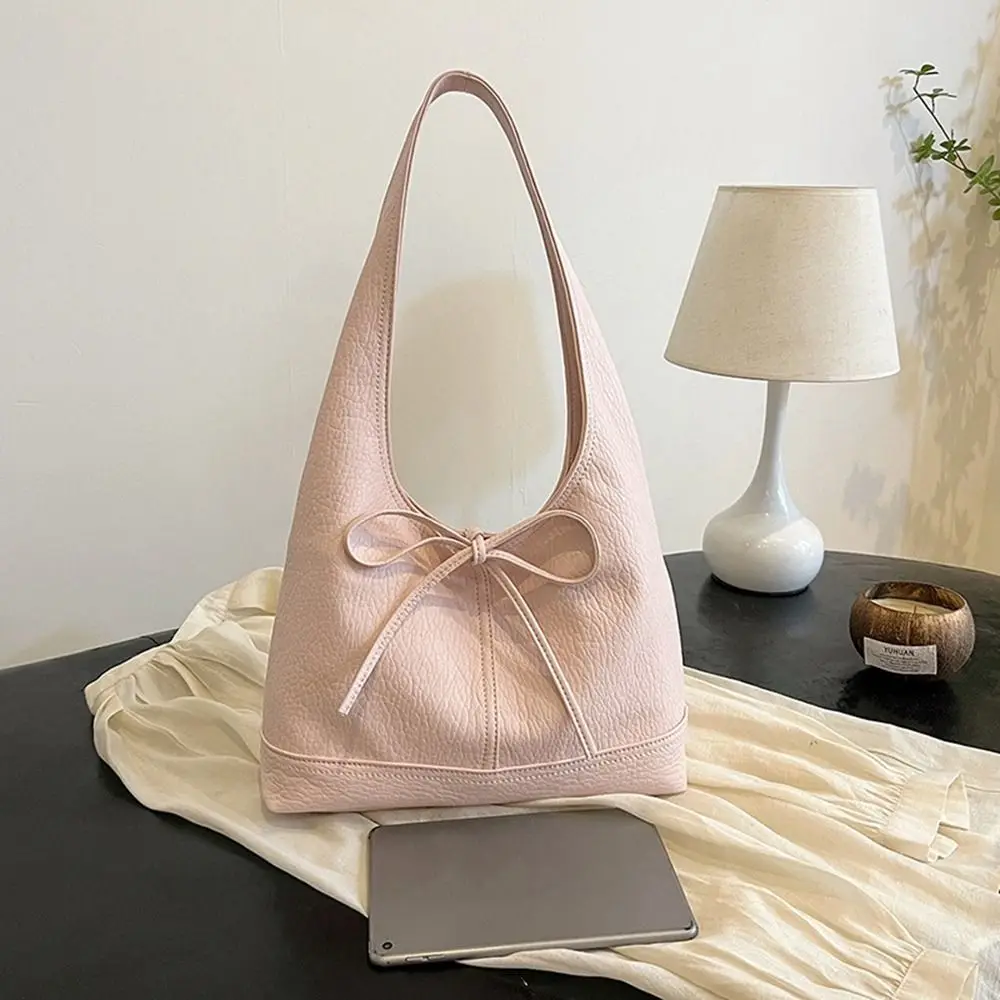 Korean Style Soft Pu Leather Tote Bag Bowknot Pure Color Bow Tie Shoulder Bag All-match Large Capacity Underarm Bag Travel