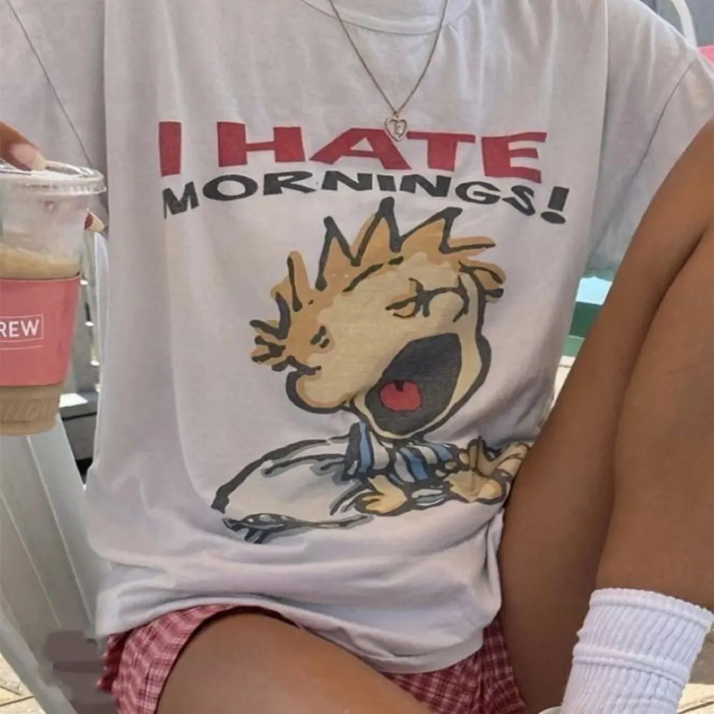 I Hate Mornings T-shirt Men Women Fashion Funny Retro Cartoon T-shirts Men's Casual 100% Cotton Short Sleeve T Shirts Streetwear