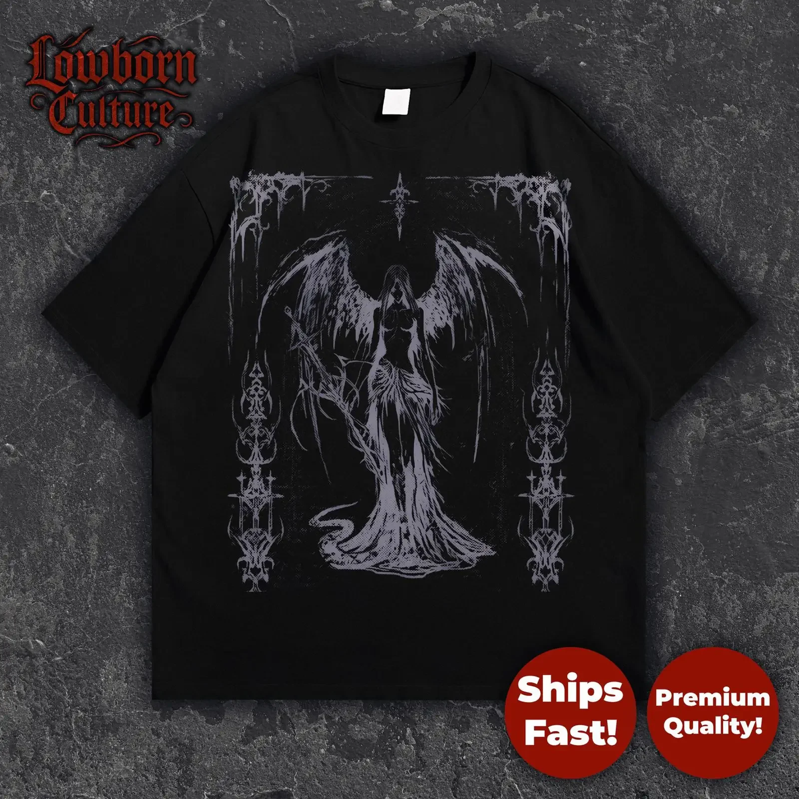 Gothic Angel Wings T Shirt Dark Streetwear Engraved Lineart Design Black  vintage Washed Top For Everyday Wear Unisex Casual